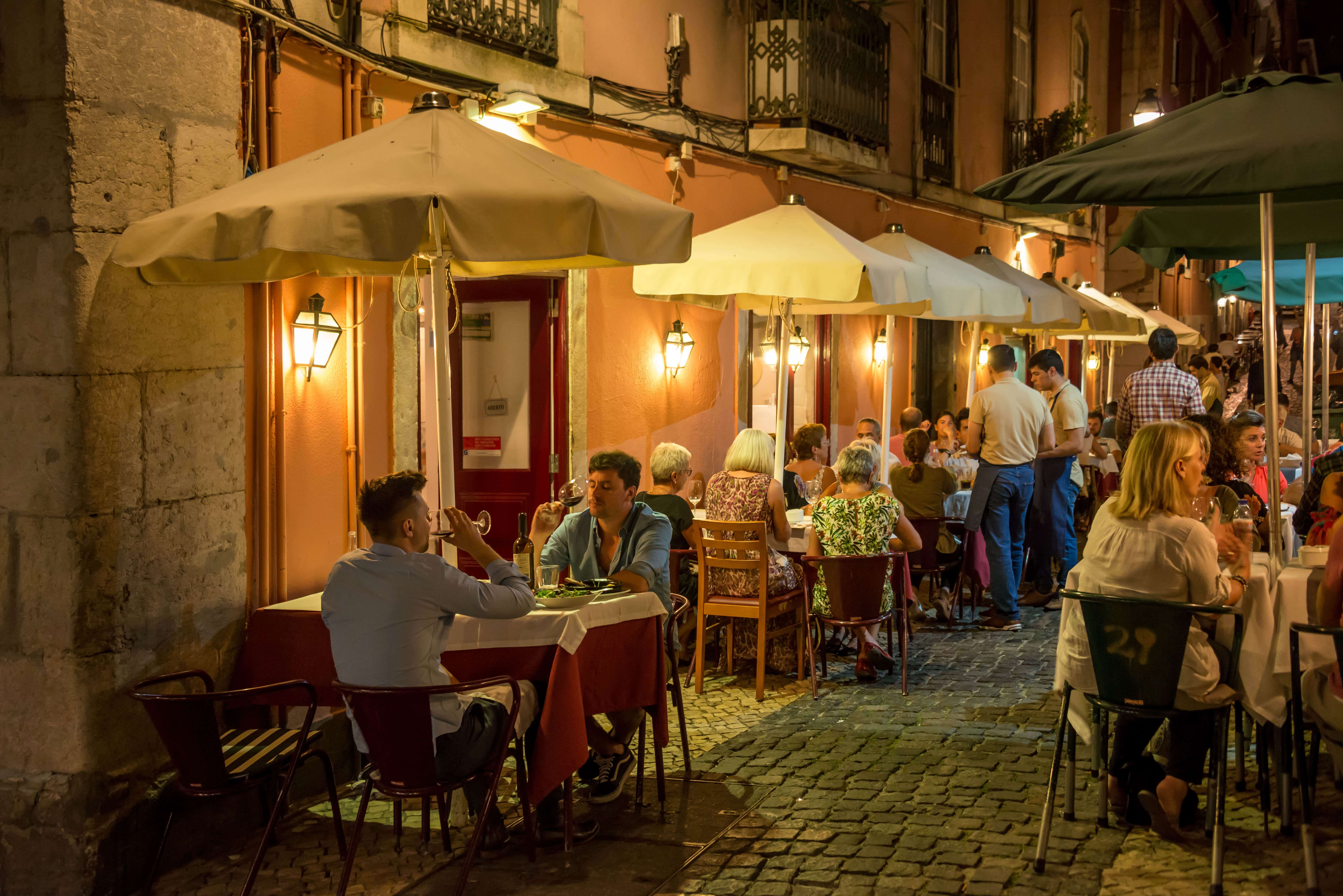 ightlife in the terraces of bars and restaurants in the Chiado neighborhood, in the upper area of Lisbon.